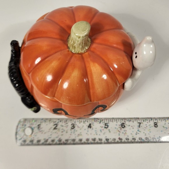 Vintage Halloween Candy Jar Fitz & Floyd 1987 Pumpkin Ghost Black Cat 7 inch - Picture 8 of 9